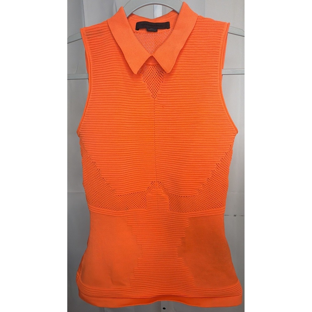 Alexander Wang Womens S Neon Orange Ribbed Knit Sleeveless Polo Mesh Top